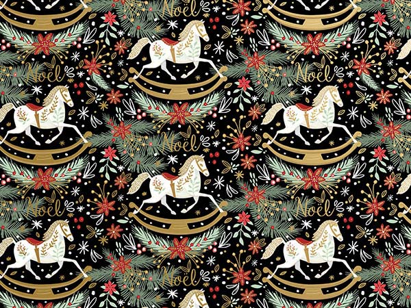 Rocking Horse Noel Black Gift Wrap, 30"x104' Roll