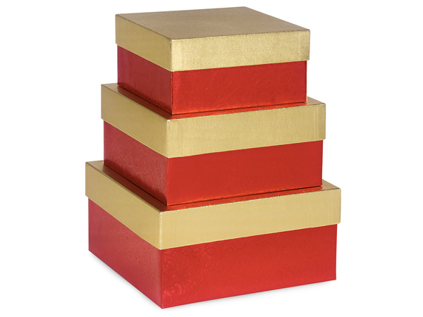 Red Swirl Embossed Nested Boxes, Large 3 Piece Set
