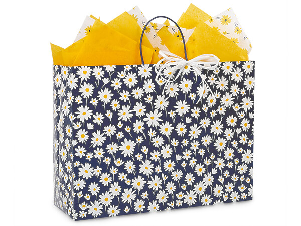 Navy Daisy Paper Gift Bags, Vogue 16x6x12, 25 Pack