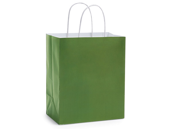 Olive Green White Kraft Shopping Bag, Cub 8x4.75x10.25", 25 Pack