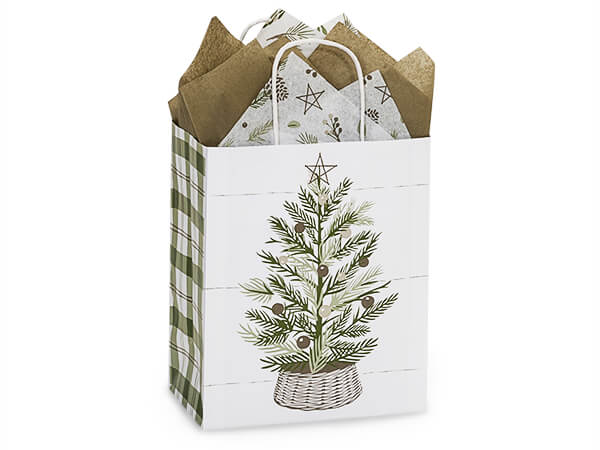 Pine Holiday Paper Shopping Bags, Cub, 8x4.75x10.25", 25 Pack