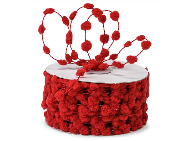 Red Pom Poms on Red Wired Cord, 25 yards