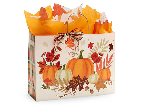 Pumpkin Plaid Paper Gift Bags, Vogue 16x6x12", 200 Pack