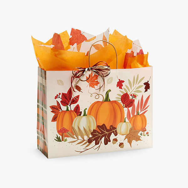 *Pumpkin Plaid Paper Gift Bags, Vogue 16x6x12", 100 Pack