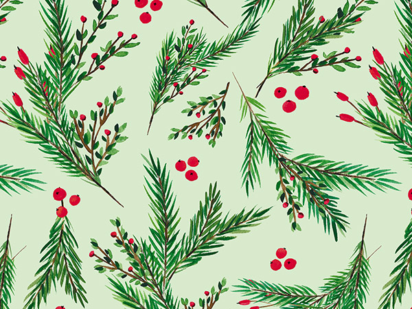 Evergreen Branches Gift Wrap 30" x 417', Half Ream Roll