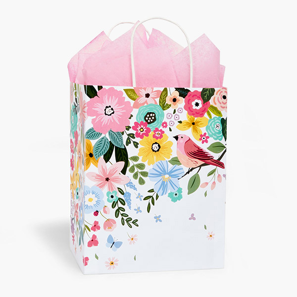Songbird Blooms Paper Gift Bag, Cub 8x4.75x10", 100 Pack