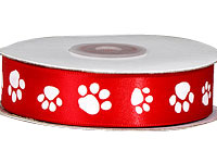 Single Faced Satin Paw Print Ribbon 1/4 Red with White Paw Print - 50 Yard Roll