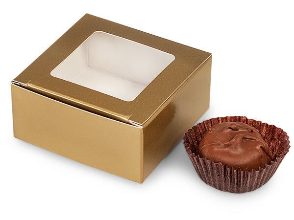 Matte Gold Window Candy Truffle Boxes, 2-5/8x2-3/4x1-1/4", Holds 4