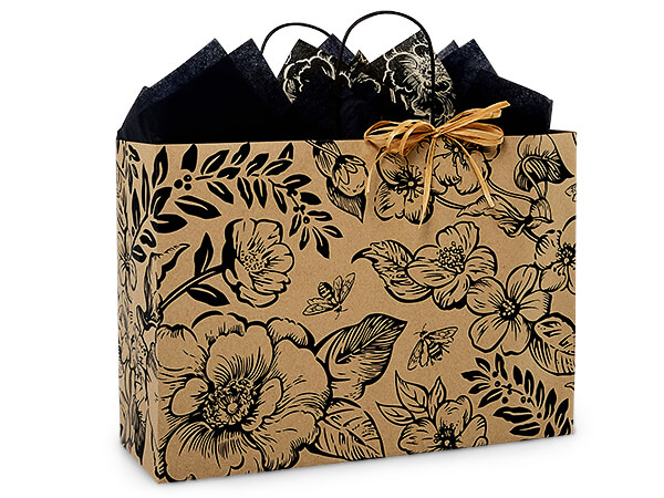 Timeless Floral Black Gift Bag, Vogue 16x6x12, 25 Pack