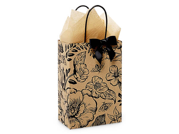 Timeless Floral Black Shopping Bag, Rose 5.5x3.25x8.5", 25 Pack