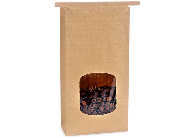 100 PLA Lined 1 lb Window Kraft Coffee Bags 4.75x2.5x9.5