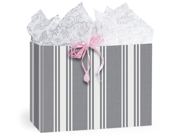 Ticking Stripe Gray Gift Bags, Vogue 16x6x12", 250 Pack
