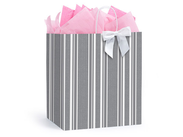 *Ticking Stripe Gray Gift Bags, Regal 14.5x9x16.25", 100 Pack
