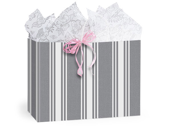*Ticking Stripe Gray Gift Bags, Vogue 16x6x12", 100 Pack