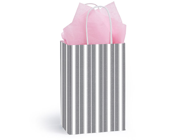 Ticking Stripe Gray Shopping Bag Rose, 5.50x3.50x8.25", 25 Pack