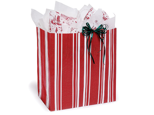 Ticking Stripe Red Paper Gift Bag, Regal 14.5x9x16.25", 200 Pack
