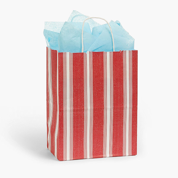 Ticking Stripe Red Paper Gift Bag, Cub 8x4.75x10", 100 Pack