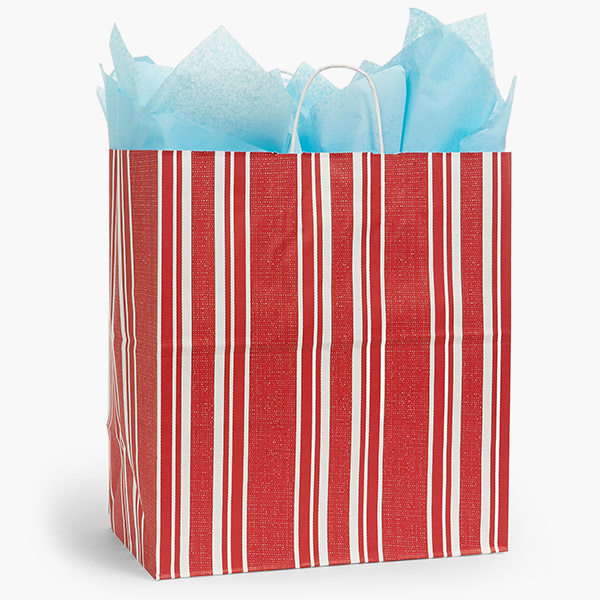 Ticking Stripe Red Paper Gift Bag, Regal 14.5x9x16.25", 100 Pack