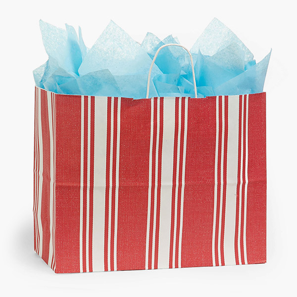 Ticking Stripe Red Paper Gift Bag, Vogue 16x6x12", 100 Pack