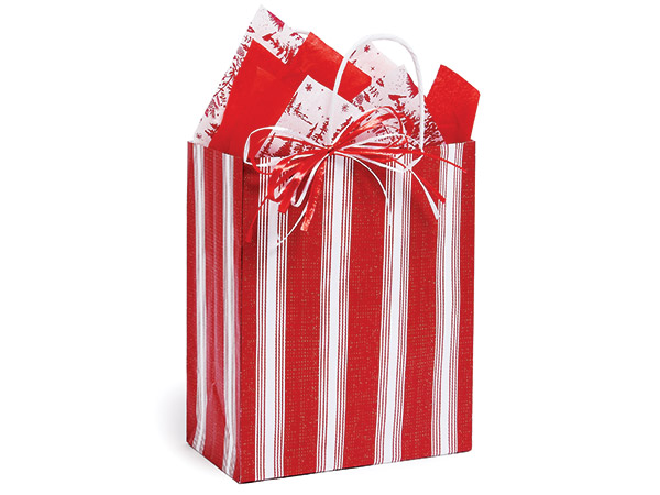Ticking Stripe Red Paper Gift Bag, Cub 8x4.75x10", 25 Pack