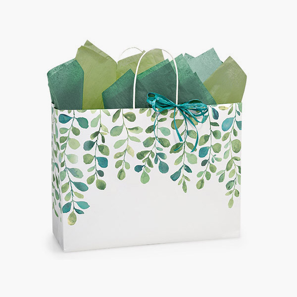 Watercolor Greenery Paper Gift Bags, Vogue 16x6x12.5", 100 Pack