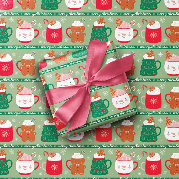 Merry Mugs Gift Wrap, 24"x417' Counter Roll