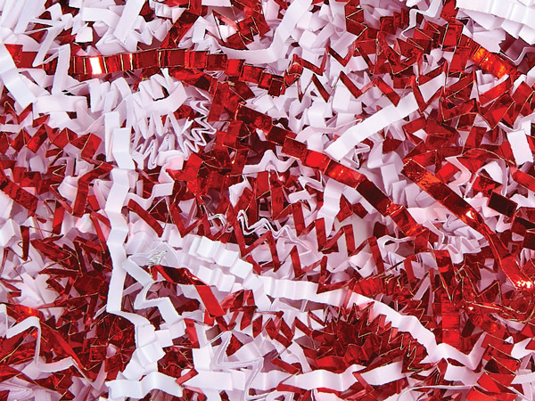 White & Metallic Red Crinkle Cut Paper Shreds, 8oz Bag